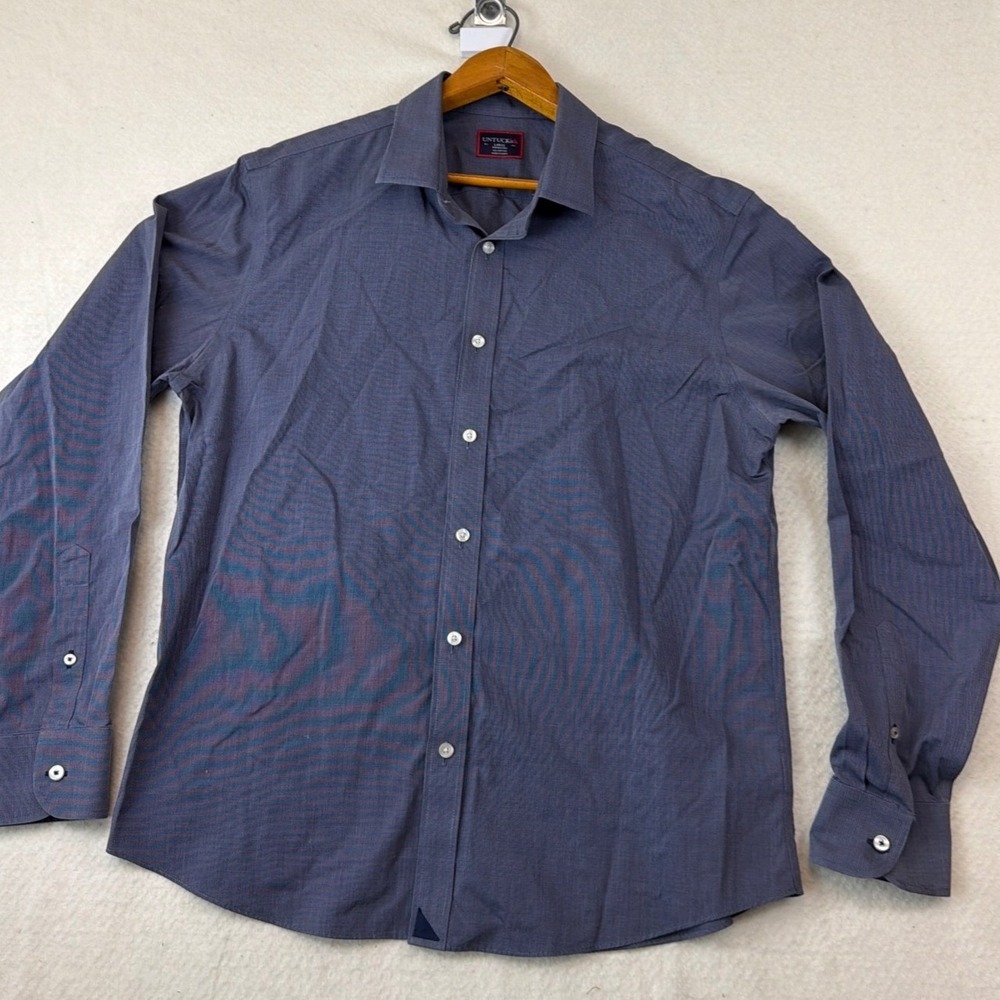 UNTUCKit Orville Navy Blue Micro Check Wrinkle Free Cotton Shirt Mens Large